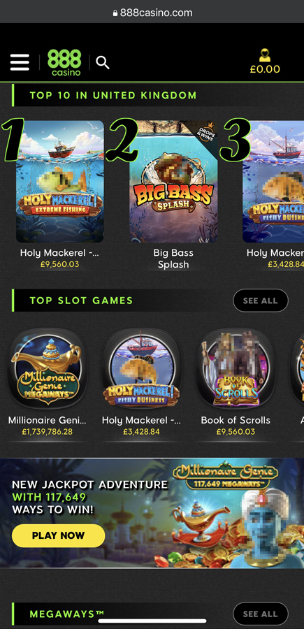 screenshot of the games lobby at 888 Casino