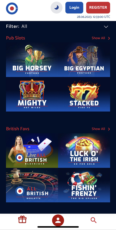 A screenshot of the All British Casino lobby