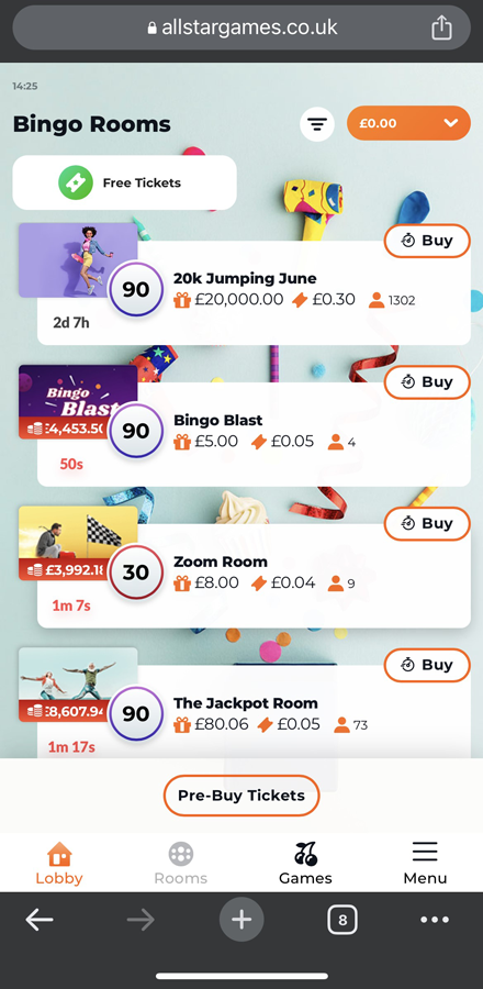 All Star bingo lobby screenshot