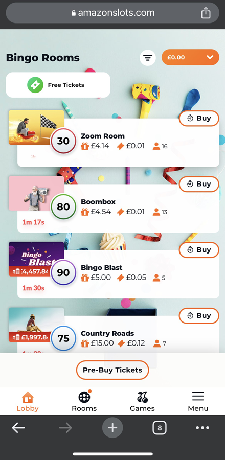 A screenshot of the bingo lobby at Amazon Slots