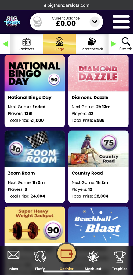 Big Thunder Bingo lobby screenshot