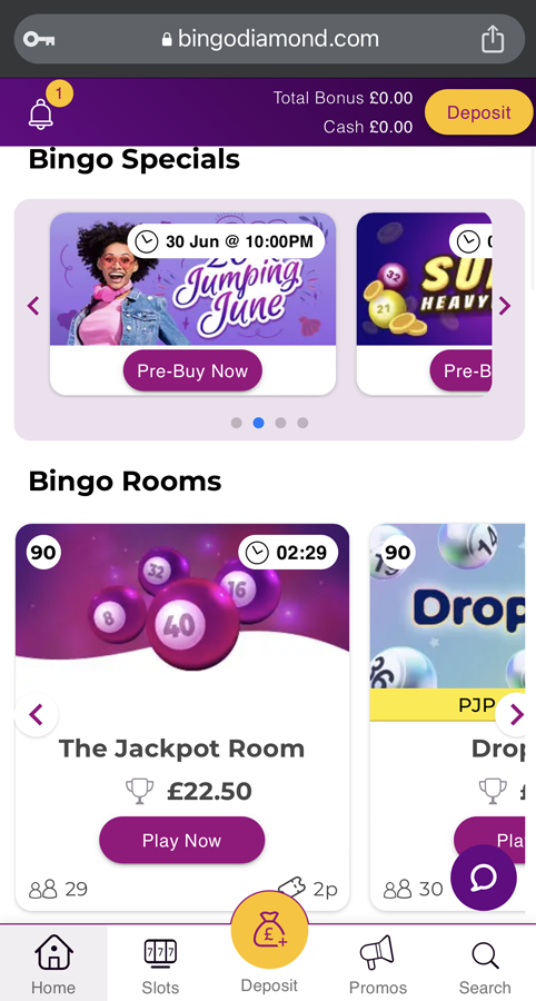 bingo diamond homepage screenshot