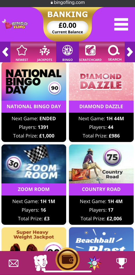 Bingo Fling mobile homepage