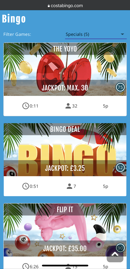 screenshot of the Costa Bingo lobby