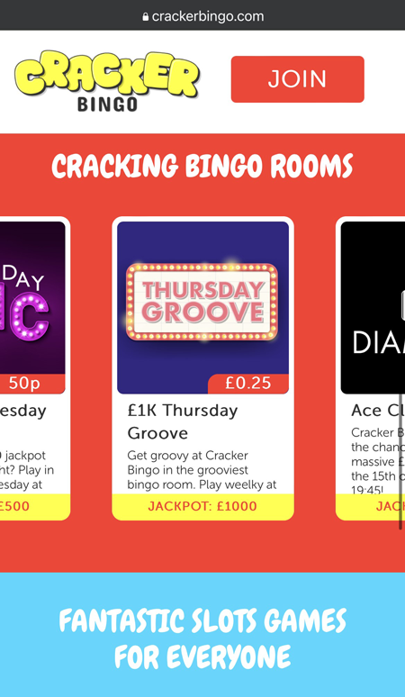 a screenshot of the Cracker Bingo mobile site