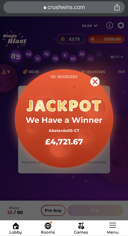 Screenshot of the Bingo Blast jackpot winner
