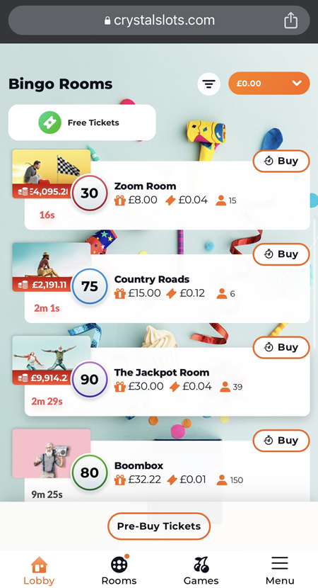 a screenshot of the Crystal Slots bingo lobby