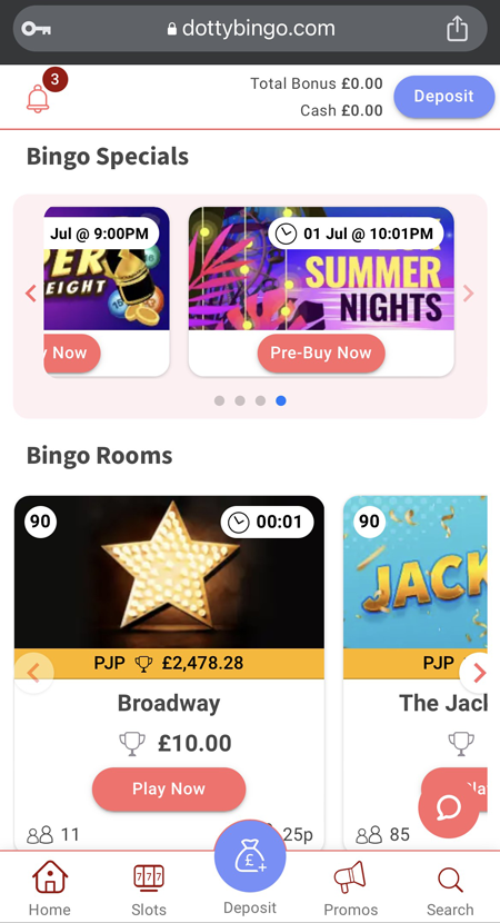 A screenshot of the bingo games at Dotty