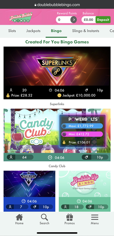 screenshot of the bingo rooms at Double Bubble