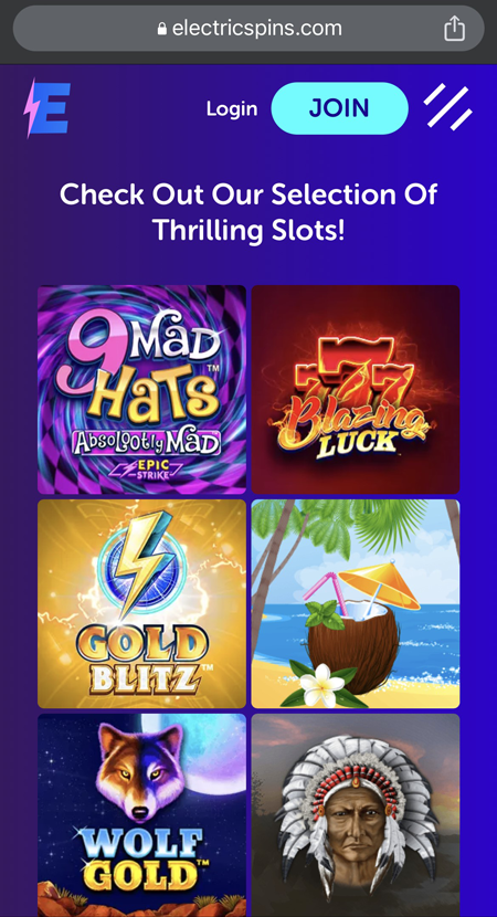 A screenshot of the slot games at Electric Spins