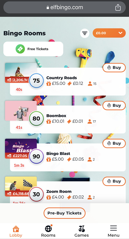 Screenshot of the Elf Bingo lobby on mobile