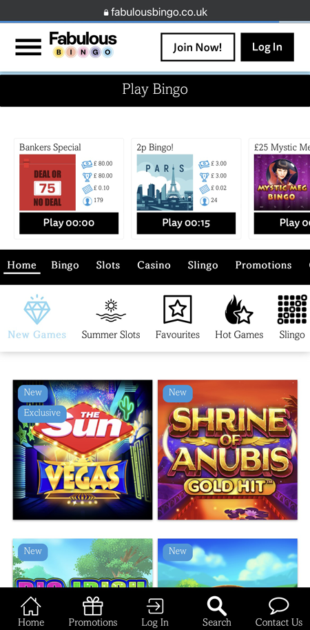 Screenshot of the Fabulous Bingo homepage on mobile