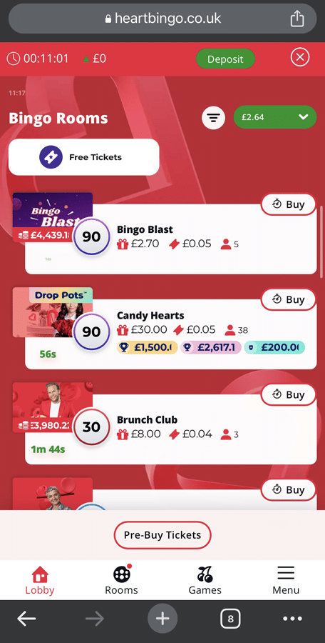 Screenshot of the heart bingo lobby on mobile