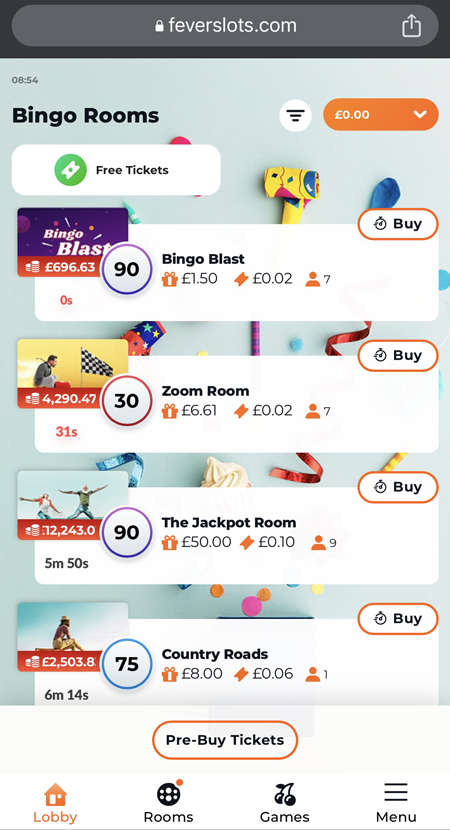 Screenshot of the online bingo lobby at Fever Slots