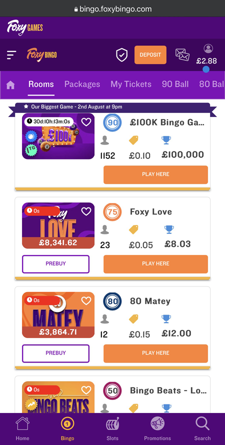 a screenshot of the lobby at Foxy Bingo