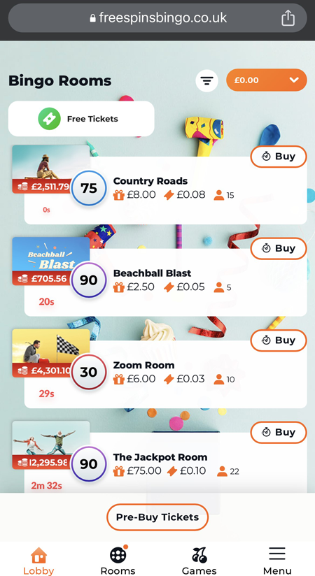 a screenshot of the Free Spins Bingo lobby