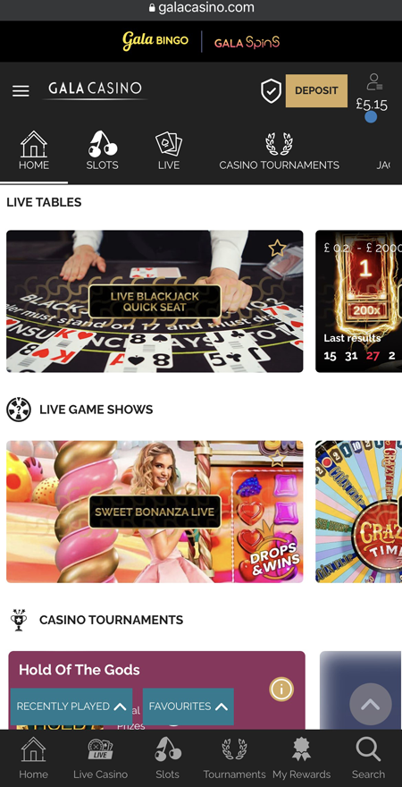a screenshot of the Gala Casino mobile website