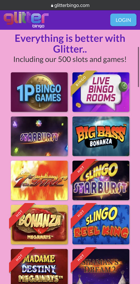 A screenshot of the Glitter Bingo mobile homepage