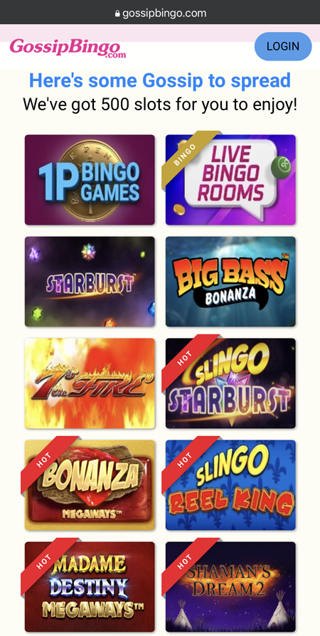 A screenshot of the homepage at Gossip Bingo