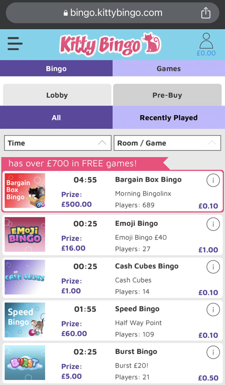 Screenshot of the Kitty Bingo lobby on mobile