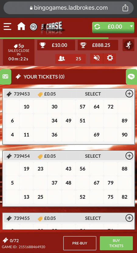 an image of 90-ball bingo tickets at Ladbrokes