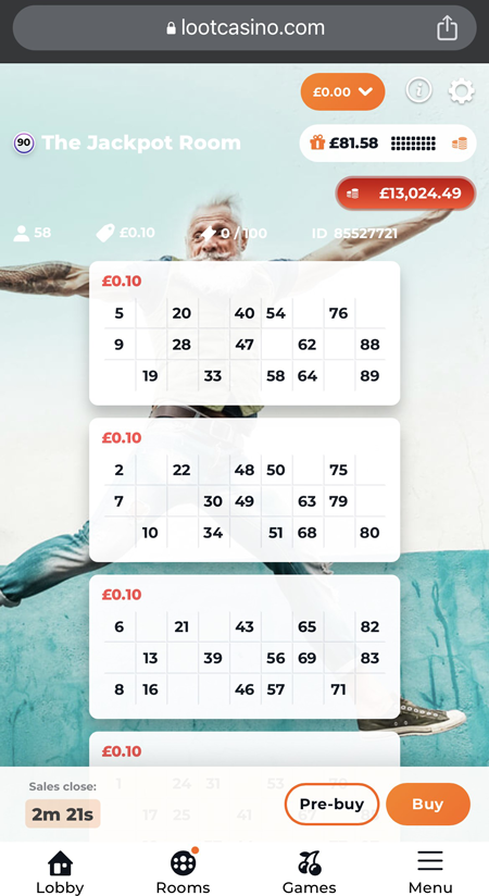 a screenshot of bingo tickets at Loot Casino