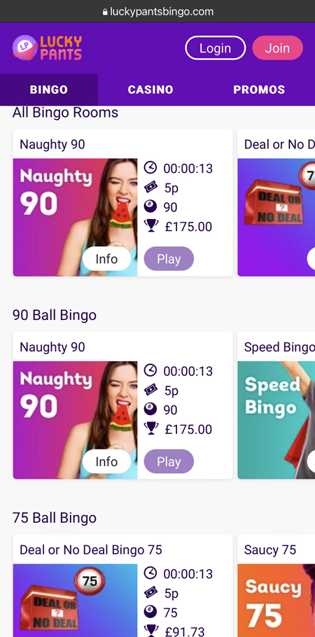 A screenshot of the bingo options at Lucky Pants