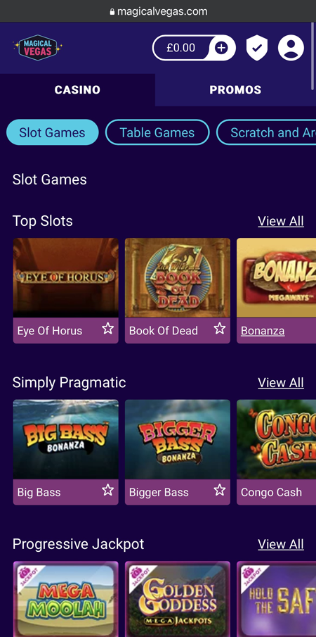 an image of the mobile games lobby at Magical Vegas