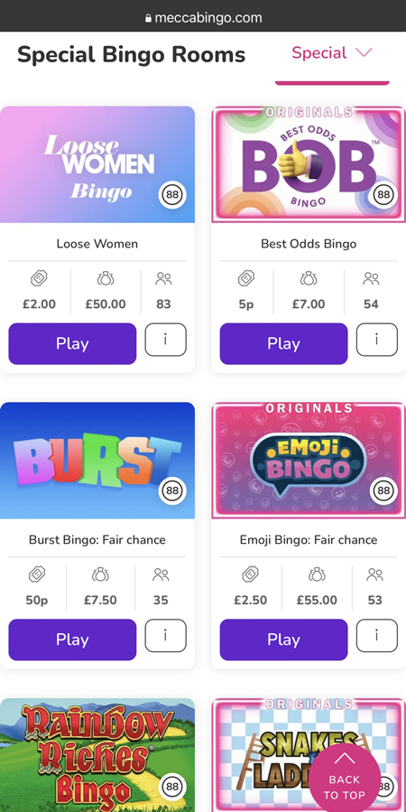 screenshot of the bingo lobby at Mecca