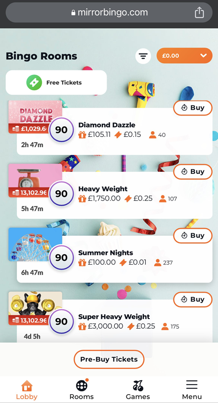 A screenshot of the bingo lobby at Mirror Bingo