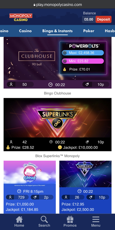 Monopoly Casino bingo lobby screenshot