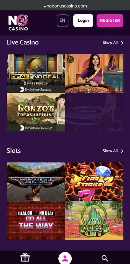 screenshot of the No Bonus Casino homepage