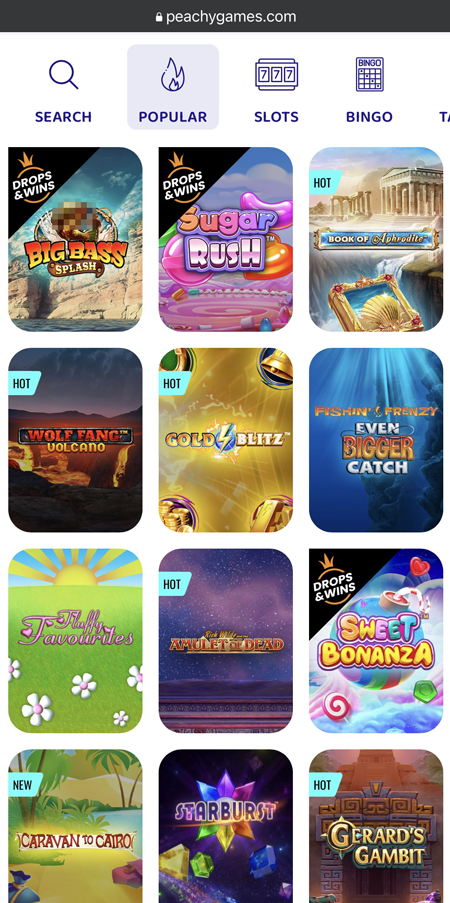 an image showing popular slots at Peachy Games