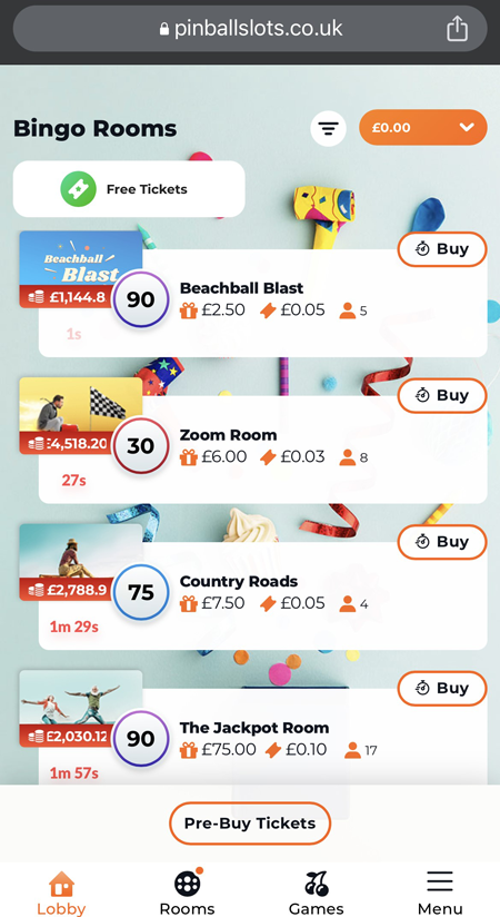 the mobile bingo lobby at Pinball Slots
