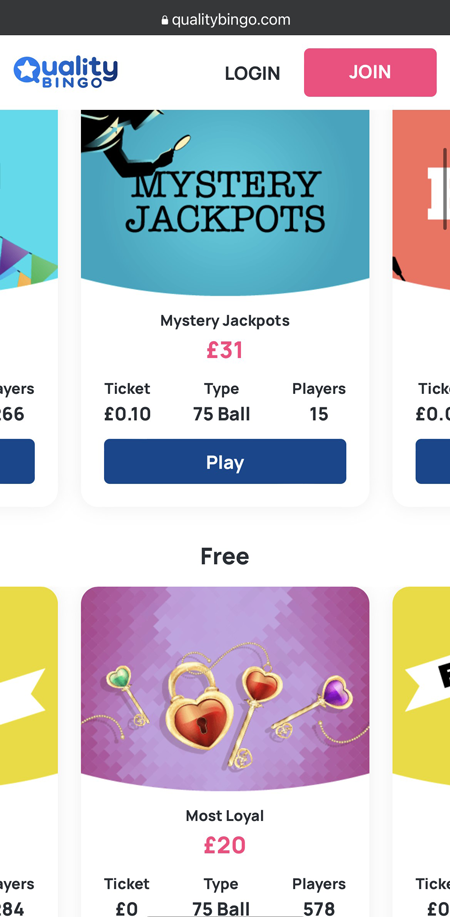 a screenshot of the Quality Bingo mobile site