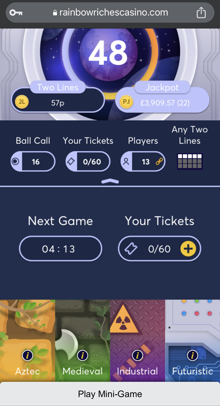 a screenshot of the ticket purchase screen at Rainbow Riches