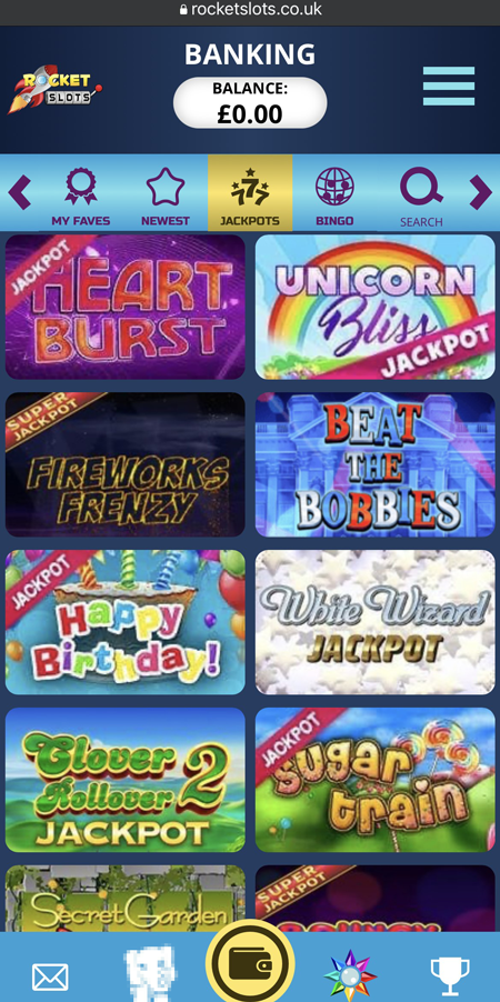 An image of the jackpot games at Rocket Slots