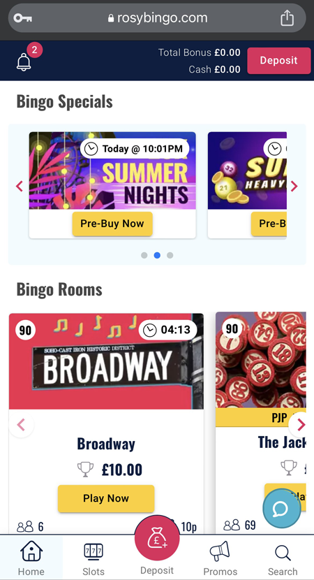 a screenshot of the bingo rooms at Rosy