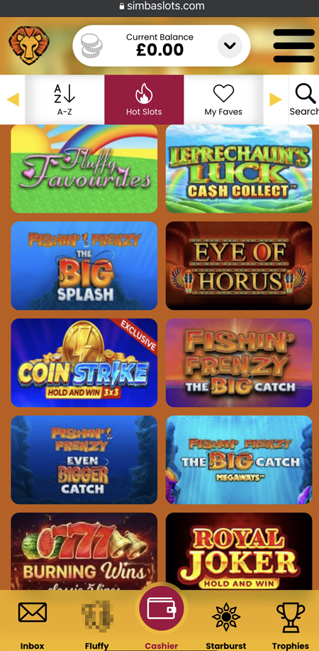 a screenshot of the slot games at Simba 