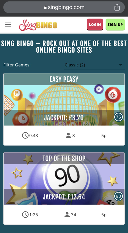 screenshot of the classic bingo games at Sing