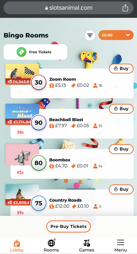 a bingo lobby screenshot at Slots Animal