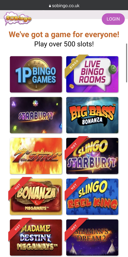 Screenshot of So Bingo mobile homepage