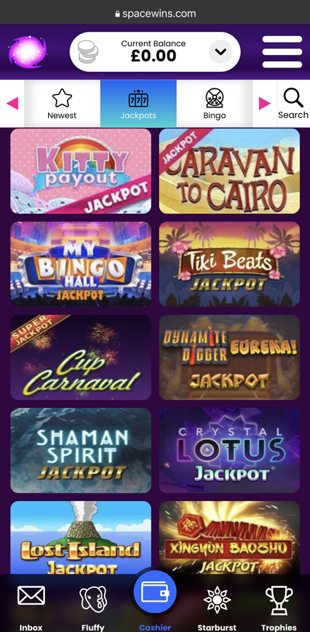 Screenshot of the Space Wins jackpot slots lobby,