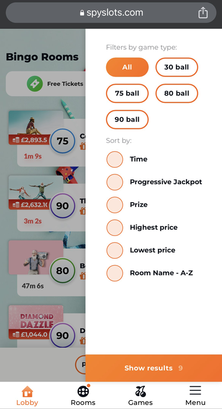 a screenshot of the bingo filter at Spy Slots