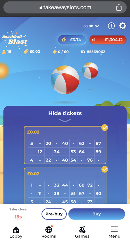 a screenshot of some bingo cards at Takeaway Slots