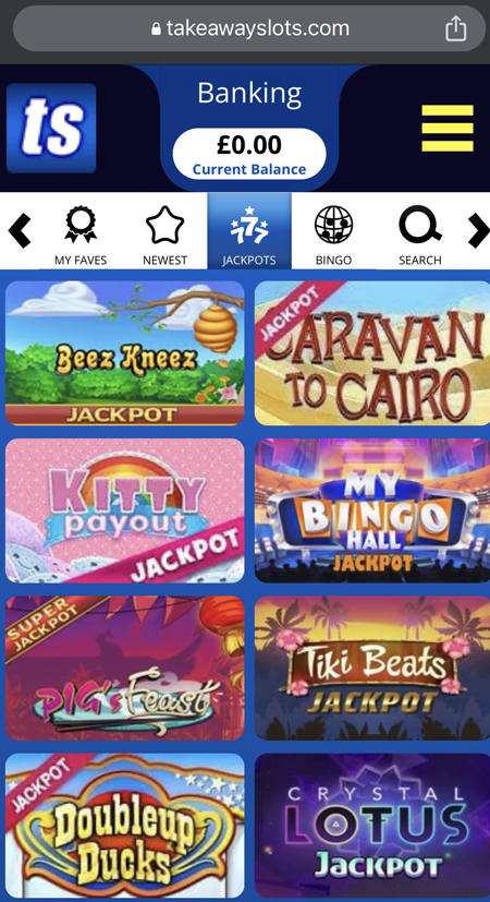 An image of the jackpot slots tab at Takeaway