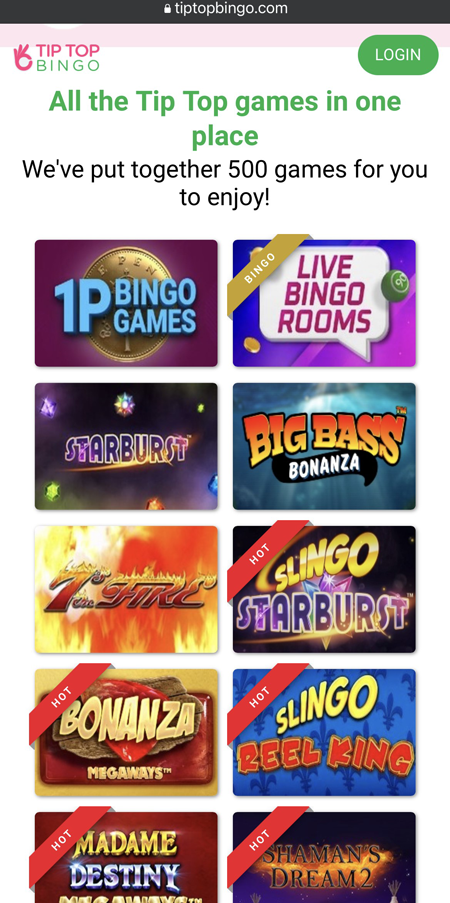 a picture of the Tip Top Bingo mobile site