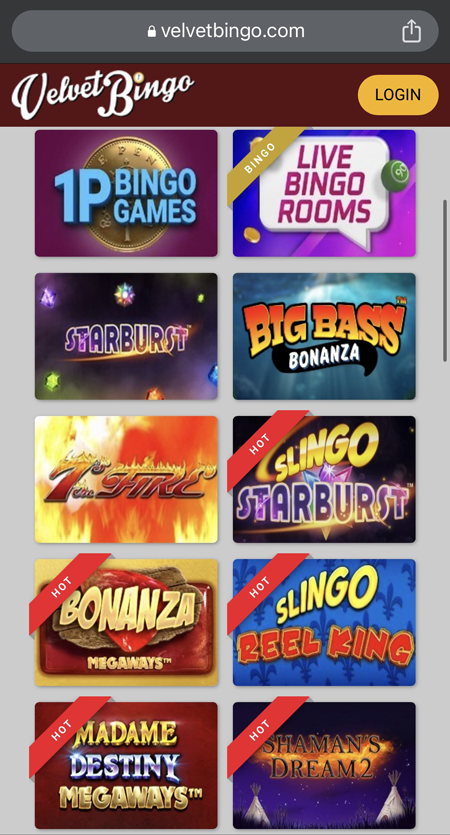An image of the Velvet Bingo homepage highlighting some of the games