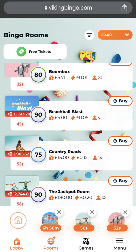Screenshot of the Viking Bingo lobby featuring various rooms