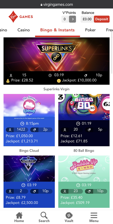  a screenshot of the the Virgin Games bingo lobby 